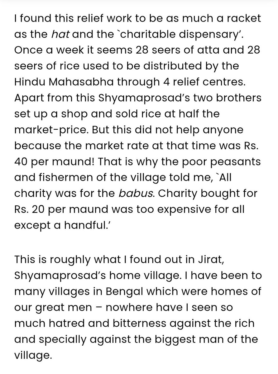 Hahahaha! He literally built two-story pakka house in his village Jirat when famine was ruining everything surrounding the village. His and Hindoo Mahashabha's contribution  was zero in relief work. Shyama poka was a pakka scammer just like today's Gujjus.