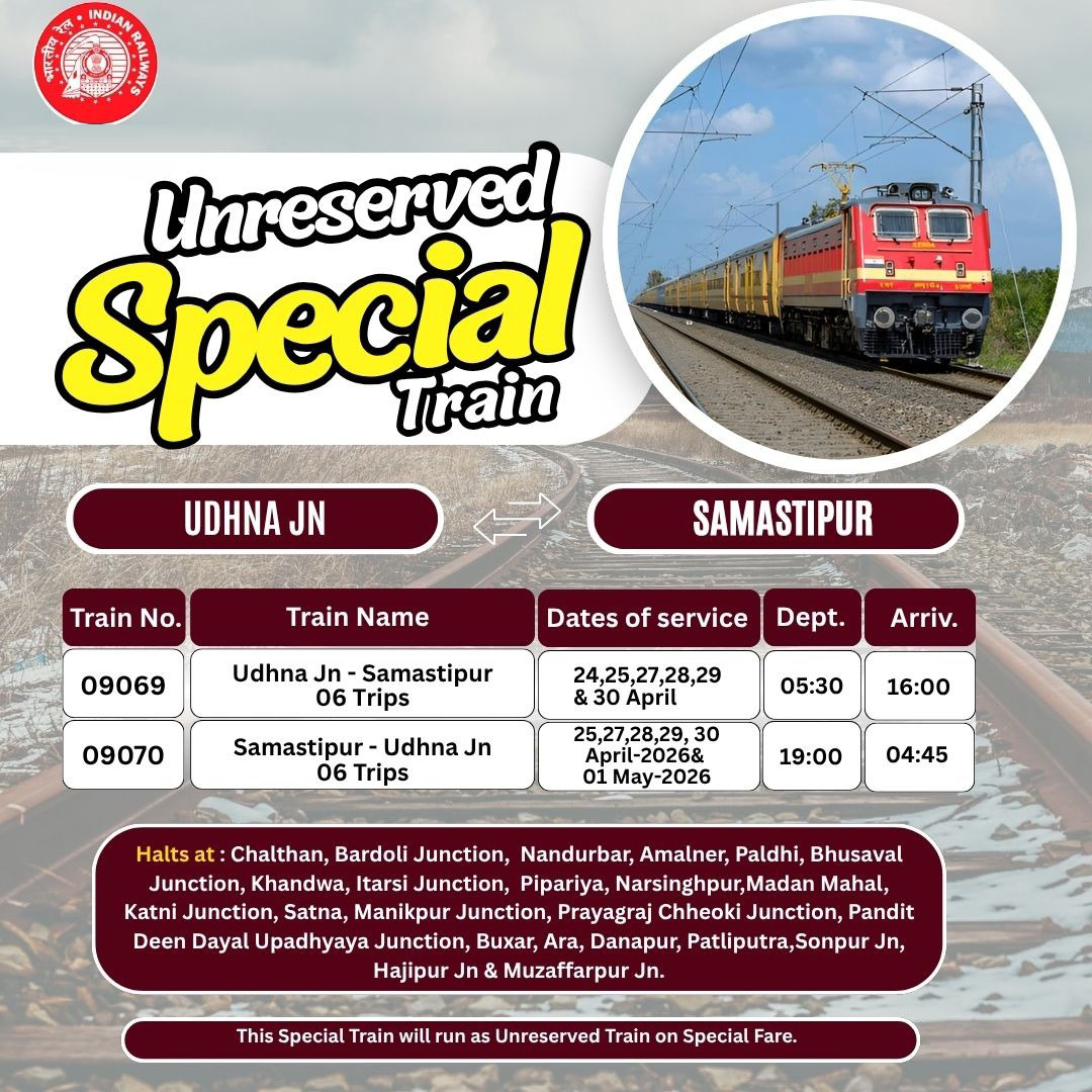 🚆 Summer Special Trains Announced – 

To clear the extra passenger rush, the following Unreserved Summer Special Trains will be operated:

🔹 09069/09070 Udhna–Samastipur–Udhna (Unreserved)
📅 Ex Udhna: 24, 25, 27, 28, 29 &amp; 30 April 2026
📅 Ex Samastipur: 25, 27, 28, 29, 30