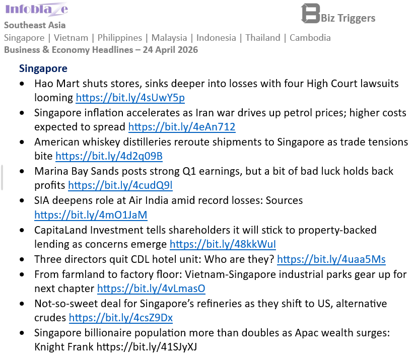 #Singapore Business &amp; Economy Headlines
24 April 2026

#SoutheastAsia  Full report: infoblaze.com/news/details/1…