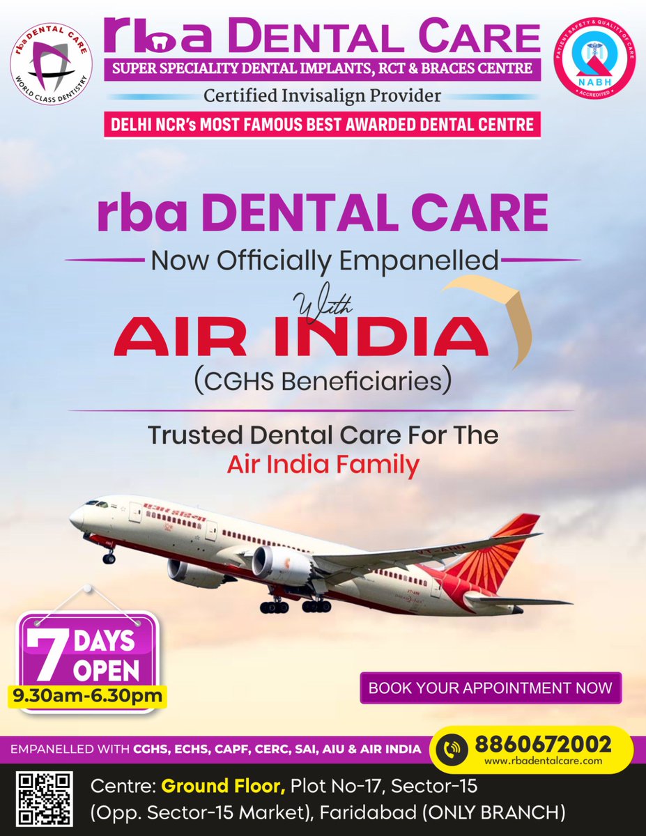 rbadentalcare2's tweet image. RBA Dental Care is now officially empanelled with Air India (CGHS Beneficiaries) ✈️🦷
Trusted dental care for the Air India family—because every smile deserves the best!

Book your consultation now!
📞 8860672002
🌐 rbadentalcare.com
#RBADentalCare #AirIndia #CGHS