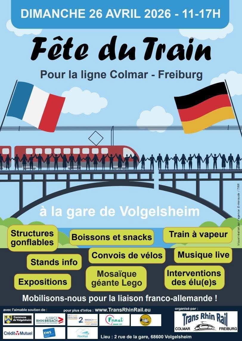 PSchydlowski's tweet image. 🚆 Fête du #Train – Colmar – Fribourg 
       Bahnfest – Colmar – Freiburg 

📅 Dimanche 26 avril 2026 
       Sonntag, 26. April 2026
📍 Gare/Bahnhof Volgelsheim
🕚 De 11h à 17h30/ von 11:00 bis 17:30 Uhr

Venez soutenir la liaison ferroviaire franco-allemande entre Colmar et