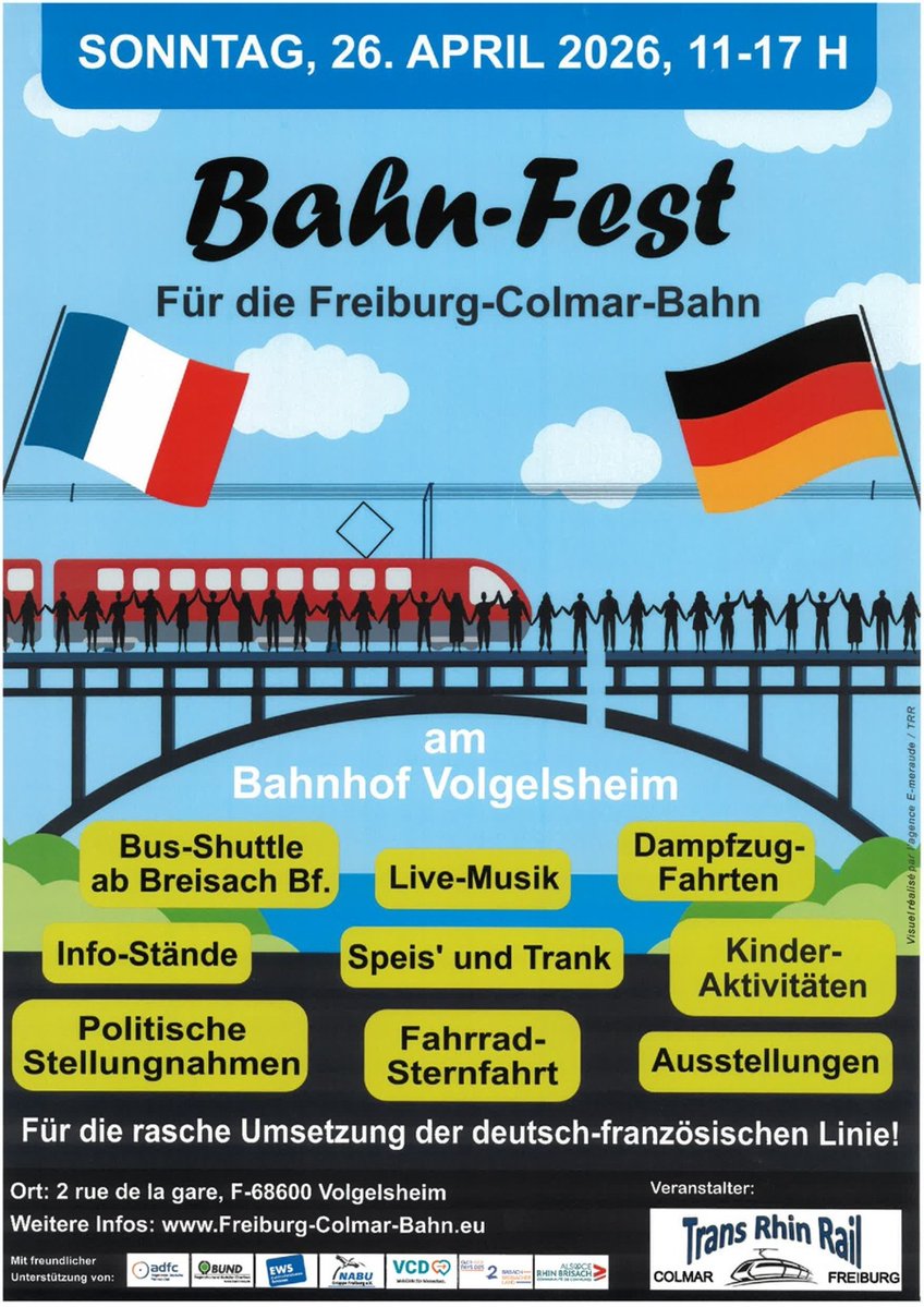 PSchydlowski's tweet image. 🚆 Fête du #Train – Colmar – Fribourg 
       Bahnfest – Colmar – Freiburg 

📅 Dimanche 26 avril 2026 
       Sonntag, 26. April 2026
📍 Gare/Bahnhof Volgelsheim
🕚 De 11h à 17h30/ von 11:00 bis 17:30 Uhr

Venez soutenir la liaison ferroviaire franco-allemande entre Colmar et