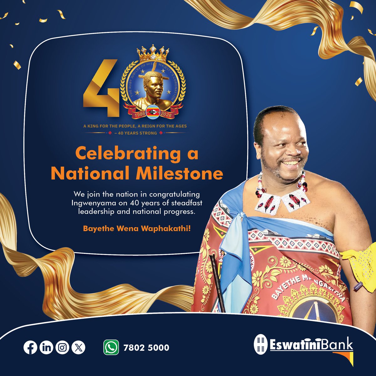 EswatiniB's tweet image. The Board of Directors, Management and Staff of Eswatini Bank join emaSwati in marking 40 years of leadership and national progress under His Majesty King Mswati III. 🇸🇿
Bayethe, Wena Waphakathi! 
#EswatiniBank #LibhangeLesive #Bayethe #Eswatini #NationalPride