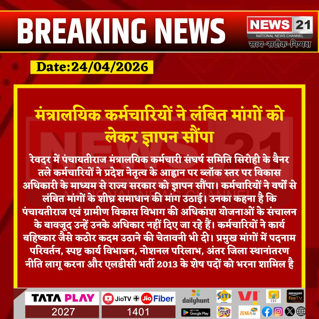 news21national's tweet photo. #Sirohi : मंत्रालयिक कर्मचारियों ने लंबित मांगों को लेकर ज्ञापन सौंपा
#EmployeeStrike #PanchayatiRaj #SirohiNews #GovernmentDemand #PublicService #BreakingNews #LatestNews #HindiNews #News21 #News21National https://t.co/kDC7d479Rl