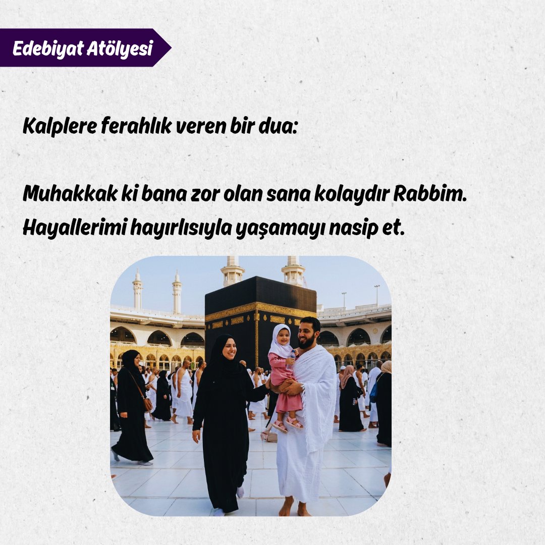 Cuma Duâsı;
“Muhakkak ki bana zor olan sana kolaydır Rabbim, hayallerimi yaşamayı nasip et.”

Cumanın bereketi üzerimize olsun 🤲🌹