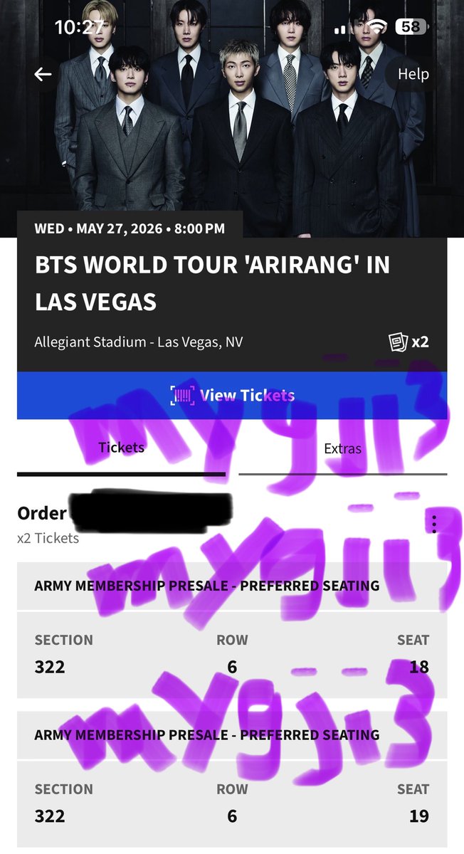 WTS 2 Tix BTS LV Day 3 5/27 Sec. 322, Row 6 Selling for fv $383