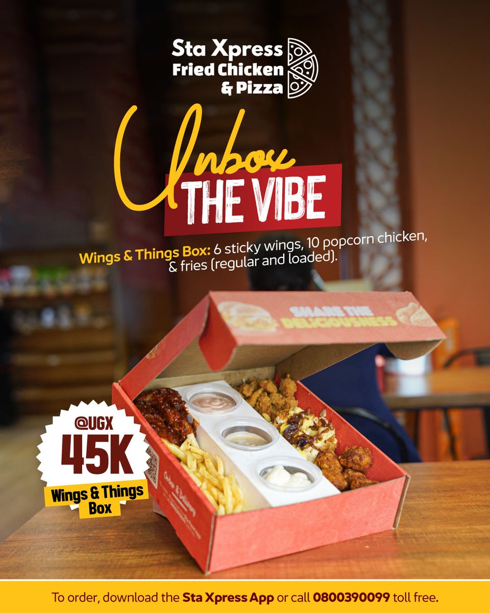 StaXpress's tweet photo. Good food means good vibes, right? 🤔
Fill your day with good vibes and great food! Treat yourself to the Mukwano Wings and Things box for only UGX 45,000. https://t.co/7ImwnagfD2