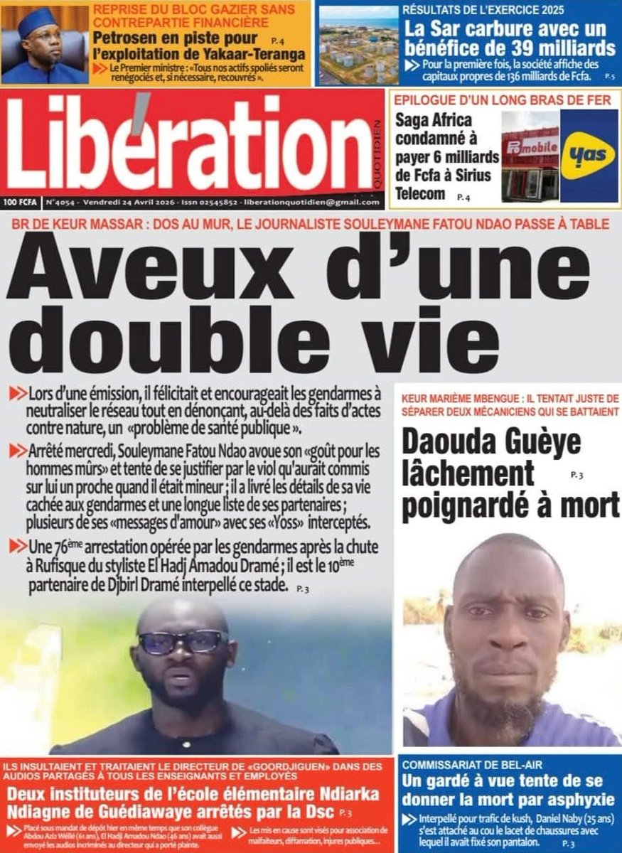 MasseneDIOUF3's tweet image. Thread  la Une  des  journaux Sénégalais  du Vendredi  24  Avril 2026 🇸🇳👇🏽.
Bonne  journée  à  tous 🇸🇳 😍.

#Senegal 
#kebetu