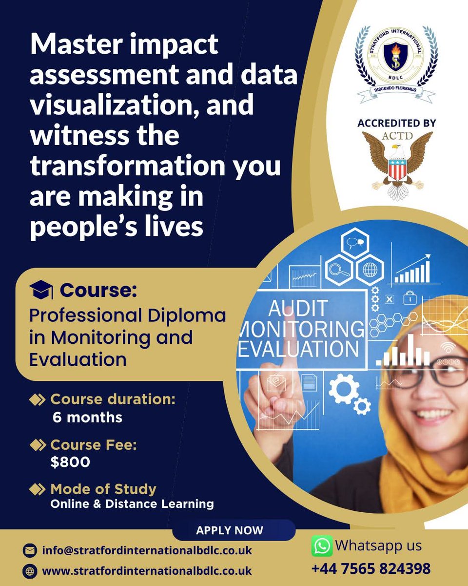 Stratfordbdlc's tweet image. Advance your career with our Advanced Postgraduate &amp;amp; Professional Diplomas in Monitoring, Evaluation, Accountability &amp;amp; Learning (MEAL).

📩 Register: info@stratfordinternationalbdlc.co.uk stratfordinternationalbdlc.co.uk⁠
#MEAL #MonitoringAndEvaluation #Accountability #Learning