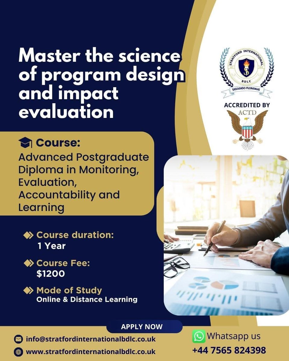 Stratfordbdlc's tweet image. Advance your career with our Advanced Postgraduate &amp;amp; Professional Diplomas in Monitoring, Evaluation, Accountability &amp;amp; Learning (MEAL).

📩 Register: info@stratfordinternationalbdlc.co.uk stratfordinternationalbdlc.co.uk⁠
#MEAL #MonitoringAndEvaluation #Accountability #Learning