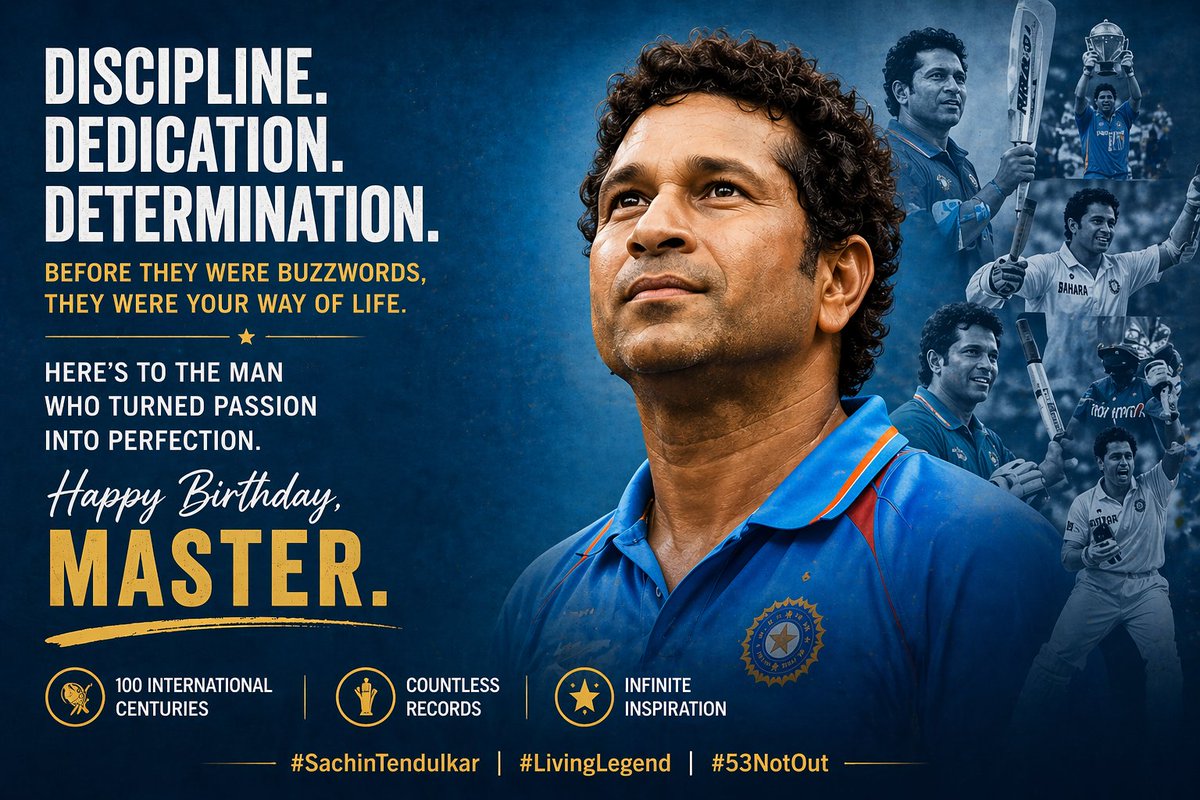 randomlekhan's tweet image. 53 years. Countless memories. Infinite inspiration. 

You didn’t just play cricket, you taught a nation how to dream. 

Happy Birthday to the Master Blaster. 

#SachinTendulkar #LivingLegend #53NotOut

@sachin_rt