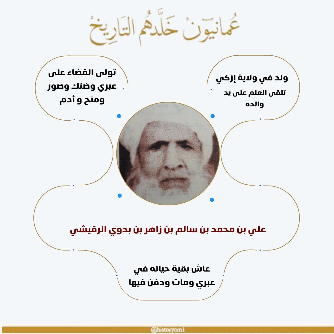 علي بن محمد بن سالم بن زاهر بن بدوي الرقيشي - رحمه الله

  🔸ولد في ولاية #إزكي

🔸تلقى العلم على يد والده

🔸تولى القضاء على #عبري وضنك وصور ومنح و #أدم 

🔸عاش بقية حياته في عبري ومات ودفن فيها