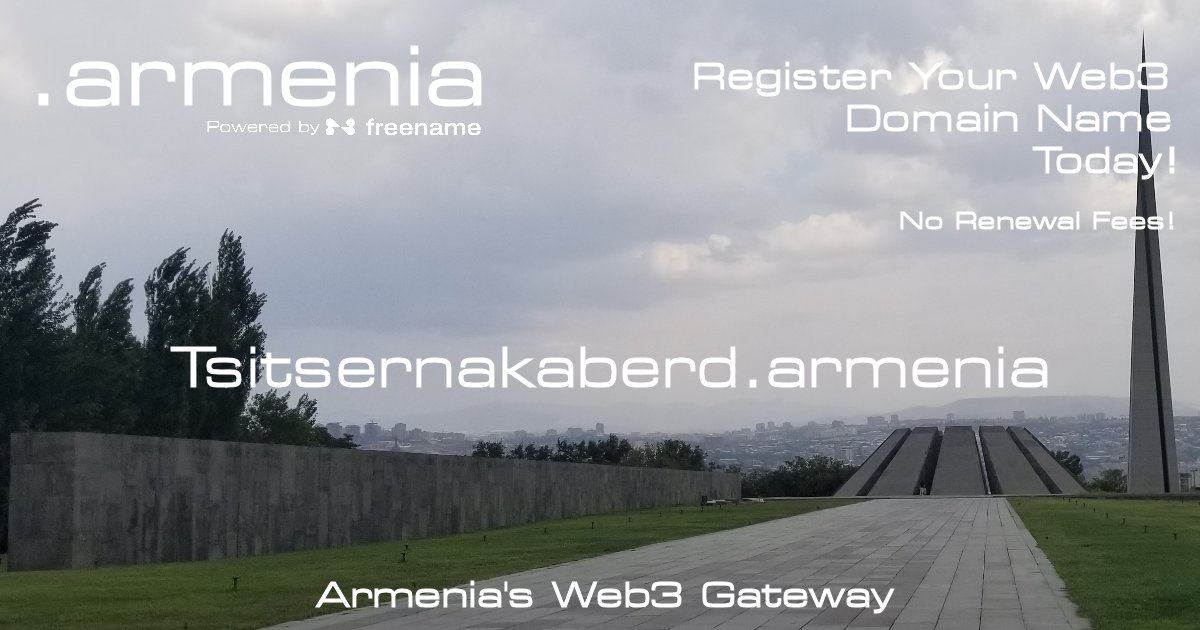 ArmeniaDomains's tweet photo. Tsitsernakaberd.armenia, a Web3 domain name registered at @freename  to commemorate the 111th Armenian Genocide Remembrance Day.

Tsitsernakaberd is Armenia’s official memorial complex dedicated to the victims of the Armenian Genocide (1915–1923).

Located on a hill overlooking Yerevan, it features a powerful monument with 12 leaning basalt slabs representing the lost provinces of Western Armenia, a 44-meter obelisk symbolizing survival, and an eternal flame at the center of the 12 leaning basalt slabs.

Every year on April 24, it becomes the focal point of national remembrance, attracting thousands of visitors and dignitaries.