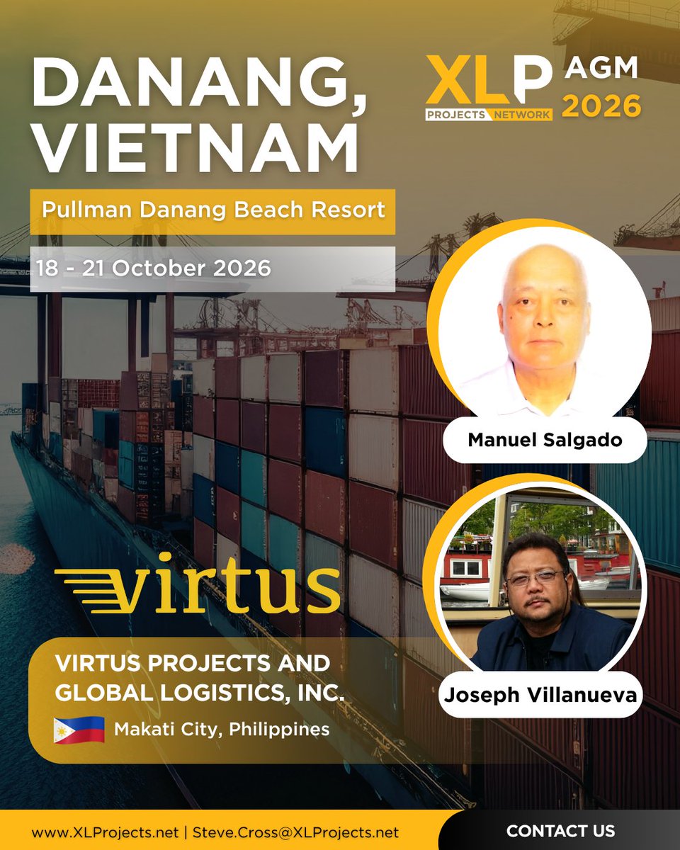 Manuel Salgado and Joseph Villanueva from Virtus Projects and Global Logistics, Inc. will be attending the XLP AGM 2026 in Da Nang, Vietnam! (18–21 Oct)

Register now : 🔗  xlprojects.net/meeting/xlp-ag…

#XLProjects #XLPAGM2026 #Vietnam #VirtusProjectsandGlobalLogisticsInc