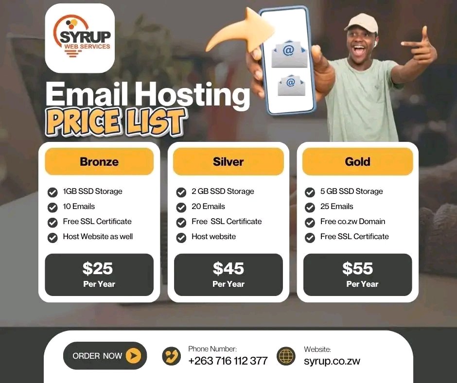 SyrupWeb's tweet photo. Start using professional business emails for just $25 per year. Get started visit https://t.co/kRTyiEgI3p or whatsapp +263716112377 https://t.co/RHTrBds3HW
