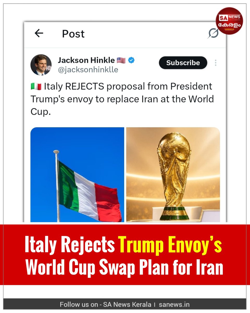 SanewsKerala's tweet image. Italy rejects envoy proposal to replace Iran in FIFA World Cup 2026, stressing merit-based qualification as officials and FIFA dismiss political interference in global football.
#sanewskerala
#FIFAWorldCup #Italy #Iran