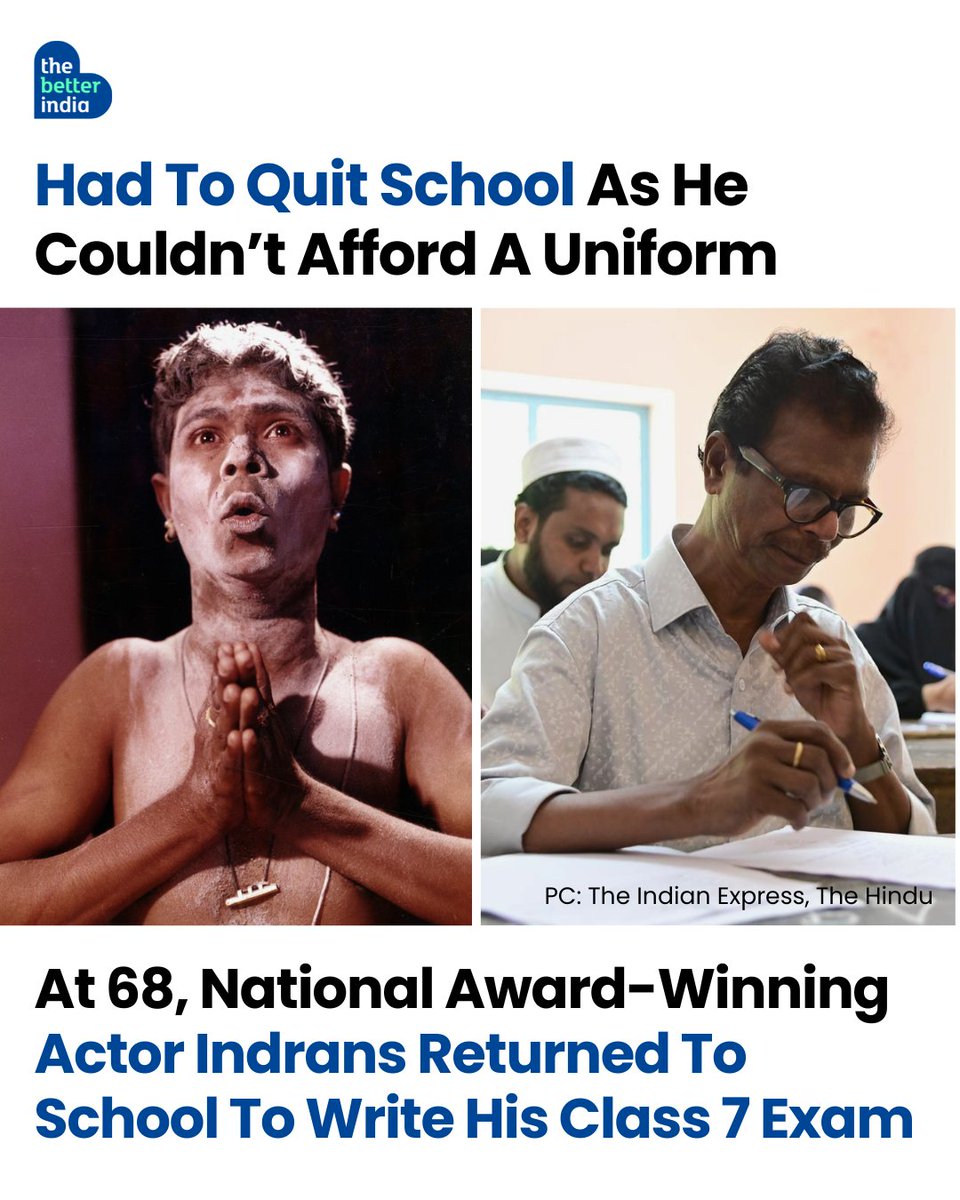 thebetterindia's tweet photo. He once topped his class. Sat on the front bench. Dreamed like any other child.

But in Class 4, Indrans had to stop going to school, not because he wanted to, but because his family couldn’t afford a uniform or books. Growing up as one of seven children, education quietly slipped away.

Life moved on. He entered cinema, spent decades being typecast, and slowly carved his place until, 40 years later, he stood tall with a National Award to his name.

And then, at 68, he went back.

In 2024, after the national recognition, he appeared for Class 7 equivalency exams, taking one small but powerful step towards a dream he was forced to abandon as a child.

Not all journeys are linear.
Some pause. Some break.
And some quietly begin again.

A story that reminds you—it’s never too late to return to what once meant everything.

#Inspiration #NeverTooLate #LifelongLearning #IndianCinema #SecondChances

[Inspirational Life Story, Never Too Late To Learn, National Award Winner Journey, Indian Actor Success Story, Returning To Education Later In Life]