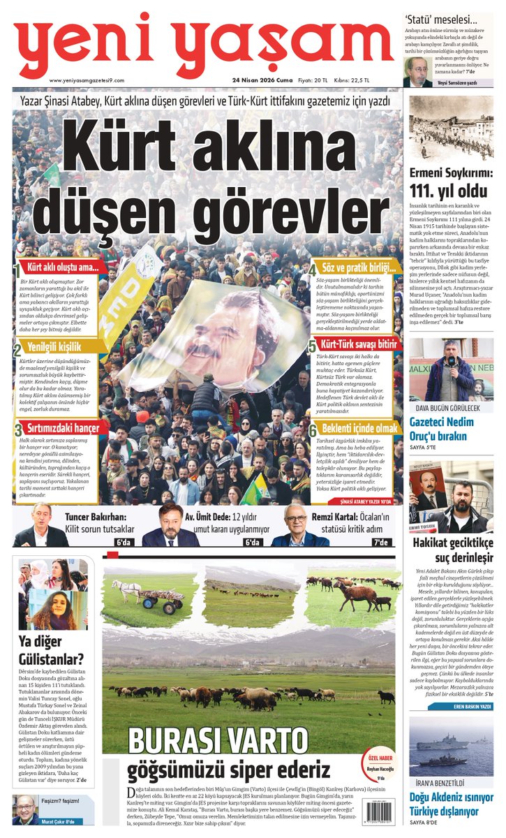‘Kürt aklına düşen görevler’ manşetiyle yayındayız