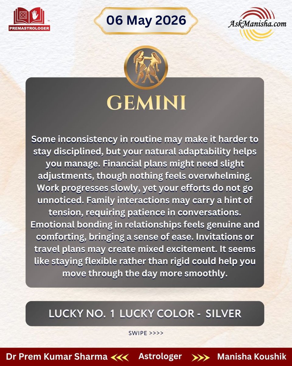 premastrologer's tweet image. Daily Horoscope for 6th  May' 2026

#Aries #Taurus #Gemini#Cancer#Dailyhoroscope

To check your sign pls click the link below:
premastrologer.com/daily-forecast…

For personal consultation at +919216141456