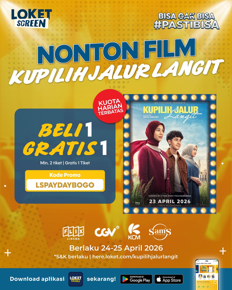loketscreen's tweet image. #PASTIBISA dapet promo buat nonton Kupilih Jalur Langit di LOKET Screen😍

Dapetin promo BELI 1 GRATIS 1 pakai kode promo LSPAYDAYBOGO. Periode promo ini hanya berlaku mulai 24-25 April 2026 aja dengan kuota harian terbatas ya, jadi yuk beli tiket nonton Kupilih Jalur Langit dan