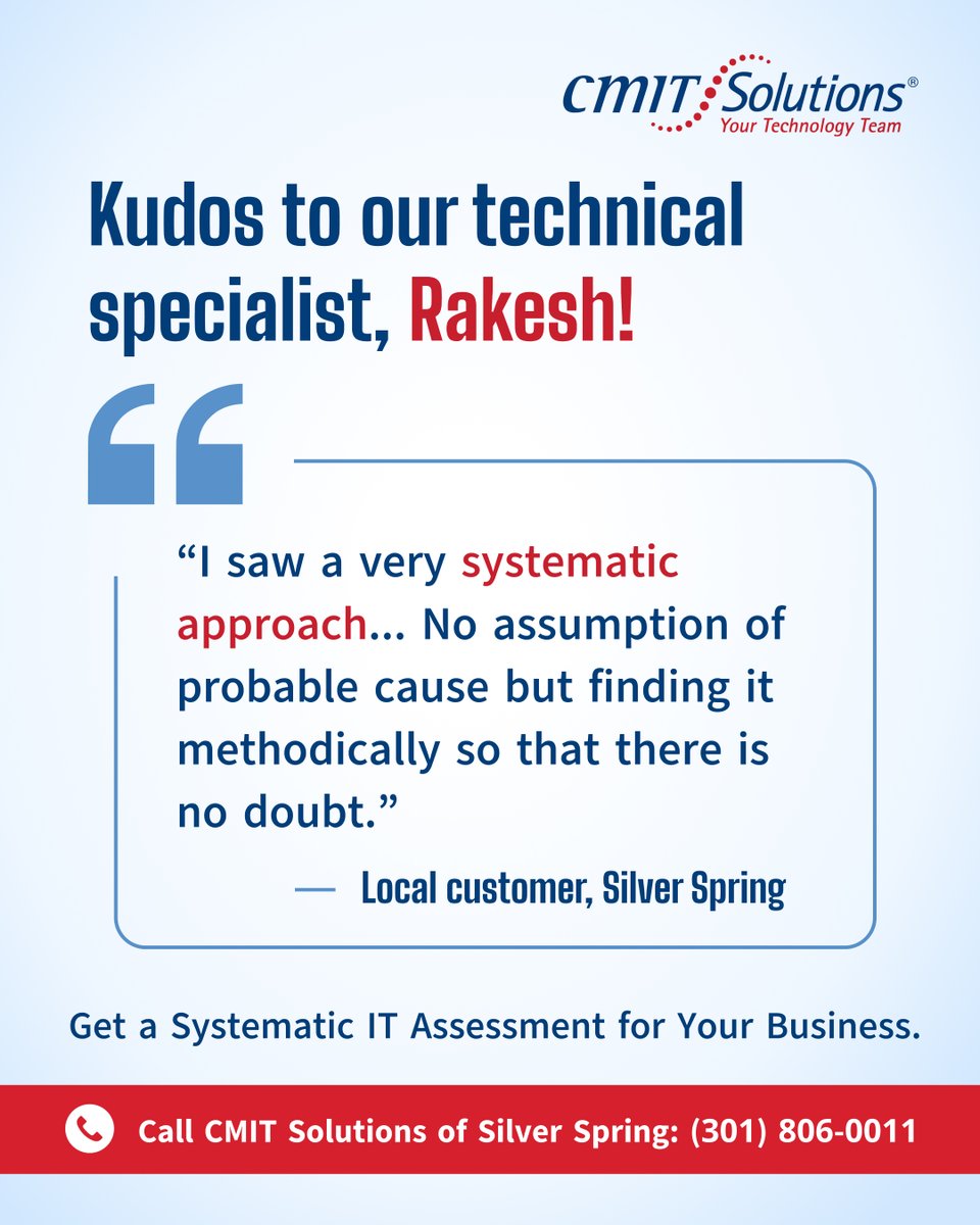 DeepeshCMITSS's tweet image. Tired of IT support guessing at the problem? 

Shoutout to Rakesh for systematically finding the root cause for our local client. Stop paying for guesswork! 
📞 (301) 806-0011 | cmitsilverspring.com

#ITSupport #CMITSolutions