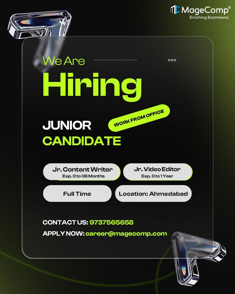 theMageComp's tweet image. Small start. Big growth
 
🎯 We’re hiring :
✍️ Content Writer (0–6 Months)
🎬 Video Editor (0–1 Year)
📍 Ahmedabad
 
Send your resume to career@magecomp.com or call us at +91 9737565658

#wearehiring #contentwriter #videoeditor #freshers #careeropportunity #joinourteam #magecomp