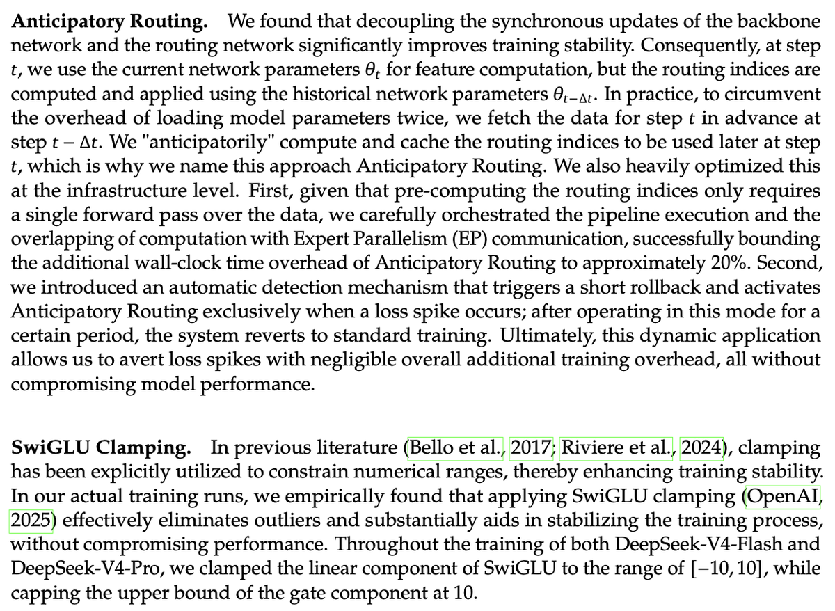 so that explains the delay...

deepseek could not fix training instabilities, after doubling from ~15T tokens in v3 to ~33T tokens in v4

the 10+ mentions of "stability" tricks seem to be wildly lacking if these two were the main bandages (mismatched routing + clamping)

but
