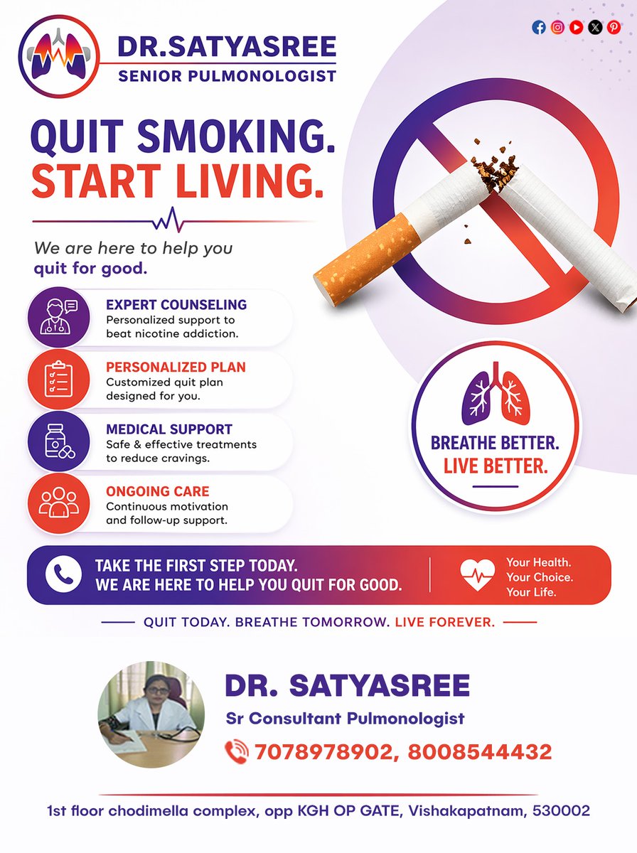 DrSaiSatya_11's tweet image. Quit smoking with expert counseling personalized plans and medical support to improve health and breathe better #QuitSmoking #SmokingCessation #HealthyLifestyle #LungHealth #Wellness take first step today

#Drsatyasri #Pulmonologist #Visakhapatnam #BreathEasy #ExpertCare