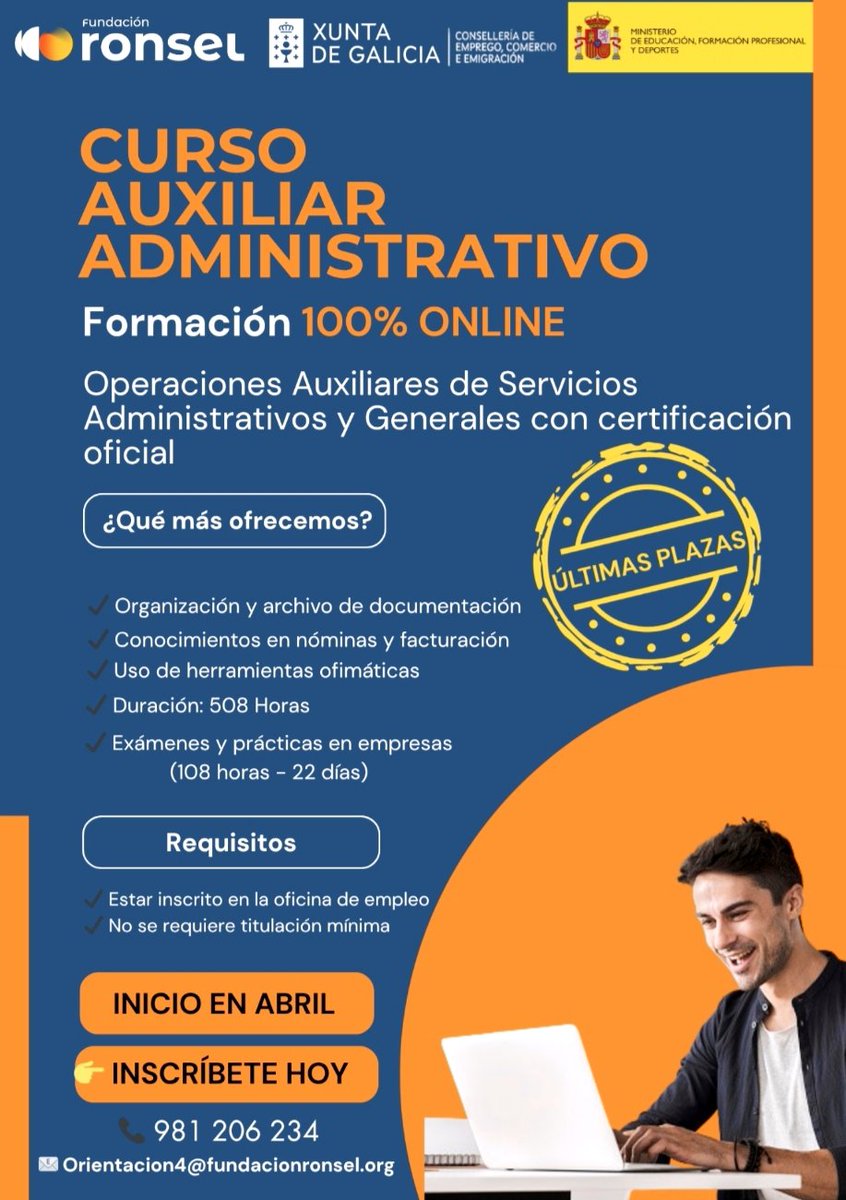 fundacionronsel's tweet photo. 🙋🏻‍♂️ Todavía estás a tiempo de inscribirte.

✅ Formación 100% online homologada.

💼 Prácticas en empresas. https://t.co/mYLeh2muS1