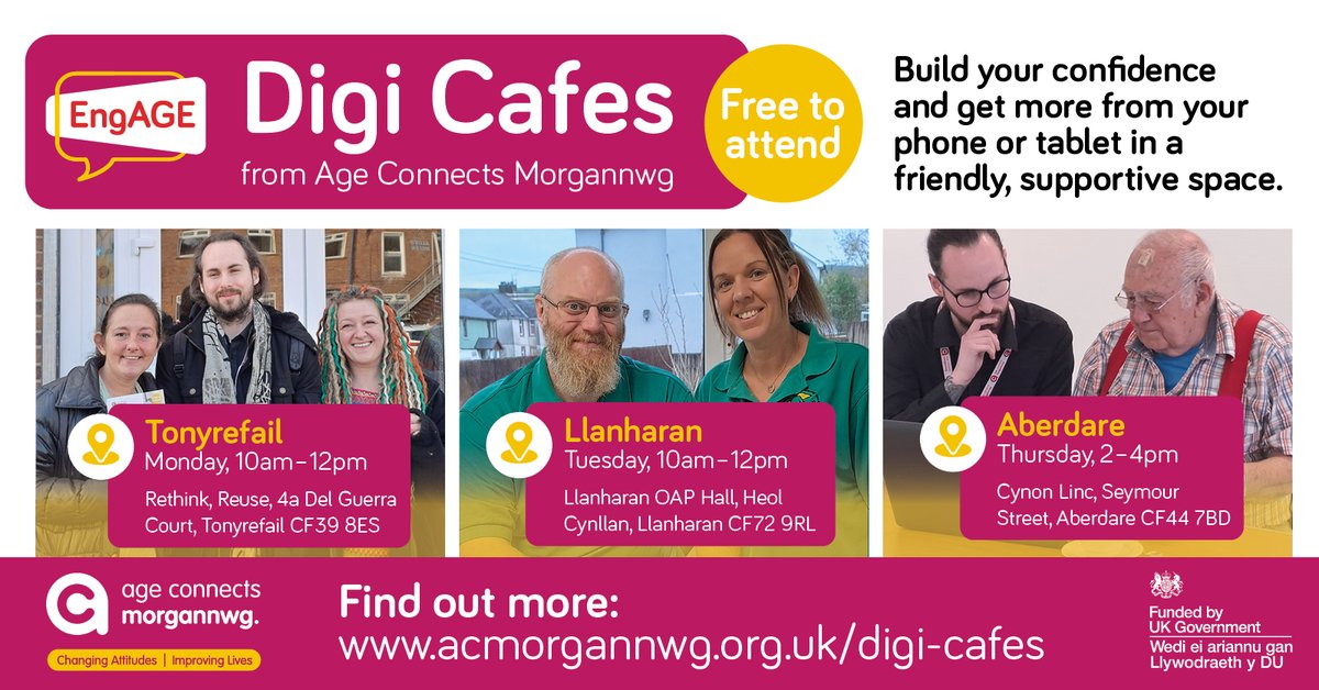 ACMorgannwg's tweet image. We have weekly Digi Cafes running in RCT. Join us Mondays in Tonyrefail, Tuesdays in Llanharan, and Thursdays in Aberdare. Our team can help with digital queries and offer practical advice to stay safe online. ageconnectsmorgannwg.org.uk/digi-cafes
#digicafe #llanharan #aberdare #tonyrefail