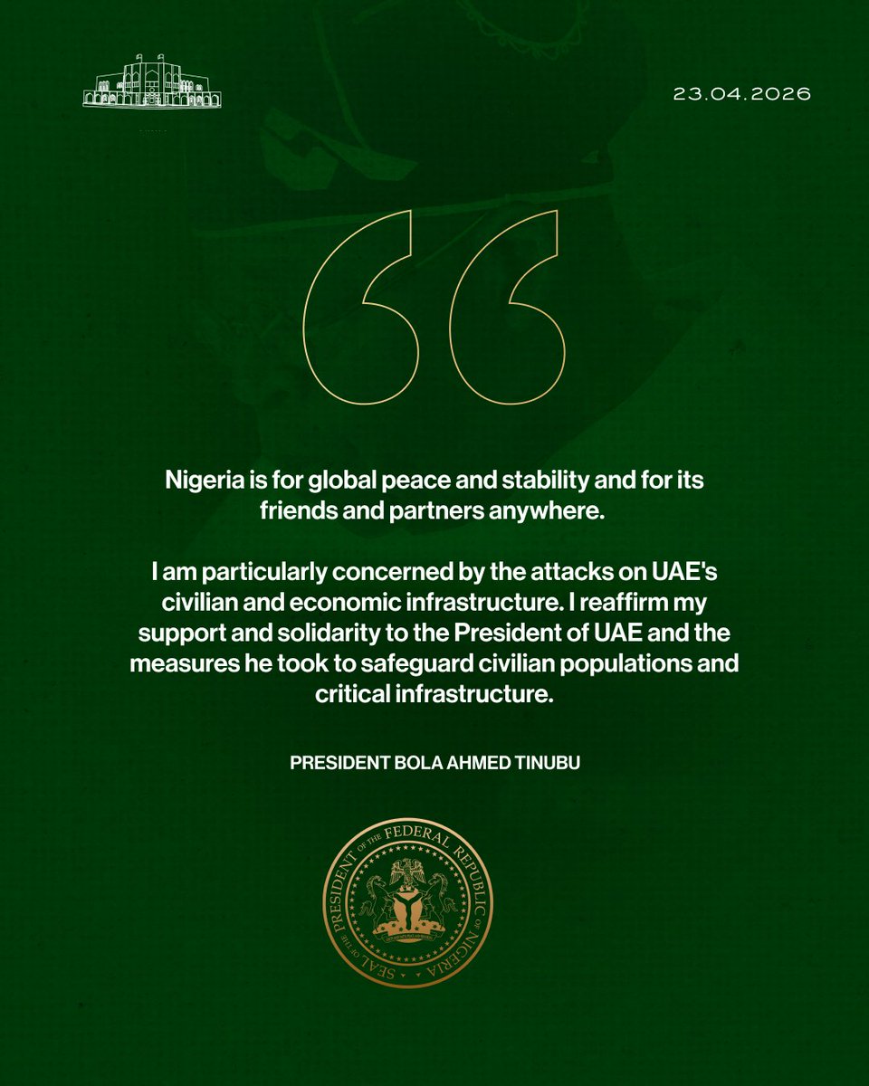 President Tinubu expresses solidarity with the United Arab Emirates following recent attacks on civilian and economic infrastructure. 🇳🇬🇦🇪

<a href="/UAEEmbassyNGR/">UAE Embassy in Nigeria</a>