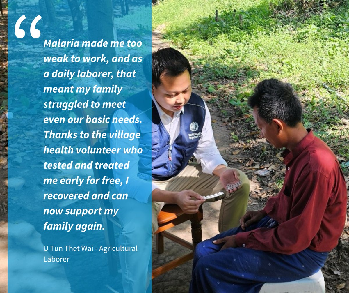 WHOMyanmar's tweet photo. 🦟 In Myanmar’s hard-to-reach areas, malaria doesn’t just threaten health—it threatens livelihoods.

Through community-based volunteers, WHO helps bring free testing &amp; treatment closer to those in need—saving lives and helping families stay resilient.
#EndMalaria #WorldMalariaDay https://t.co/tfwofvyx9U
