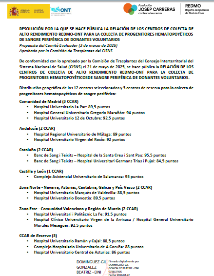 crh_MoralesIMIB's tweet photo. @ONT_esp / #REDMO aprueba y otorga una alta calificación como Centro Regional de Alto Rendimiento para la colecta de Progenitores Hematopoyéticos de Sangre Periférica de Voluntarios Sanos, al constituido por los Hospitales Universitarios Morales Meseguer y Virgen de la Arrixaca👍 https://t.co/2ZNaaoGDjq