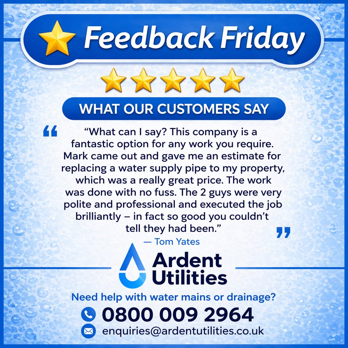 ArdentUtilities's tweet image. Feedback Friday
Thank you to all our customers 🫶🏻
Contact us @ enquiries@ardentutilities.co.uk 
#WaterMains #Utilities #UndergroundUtilities #WaterInfrastructure #LiverpoolBusiness