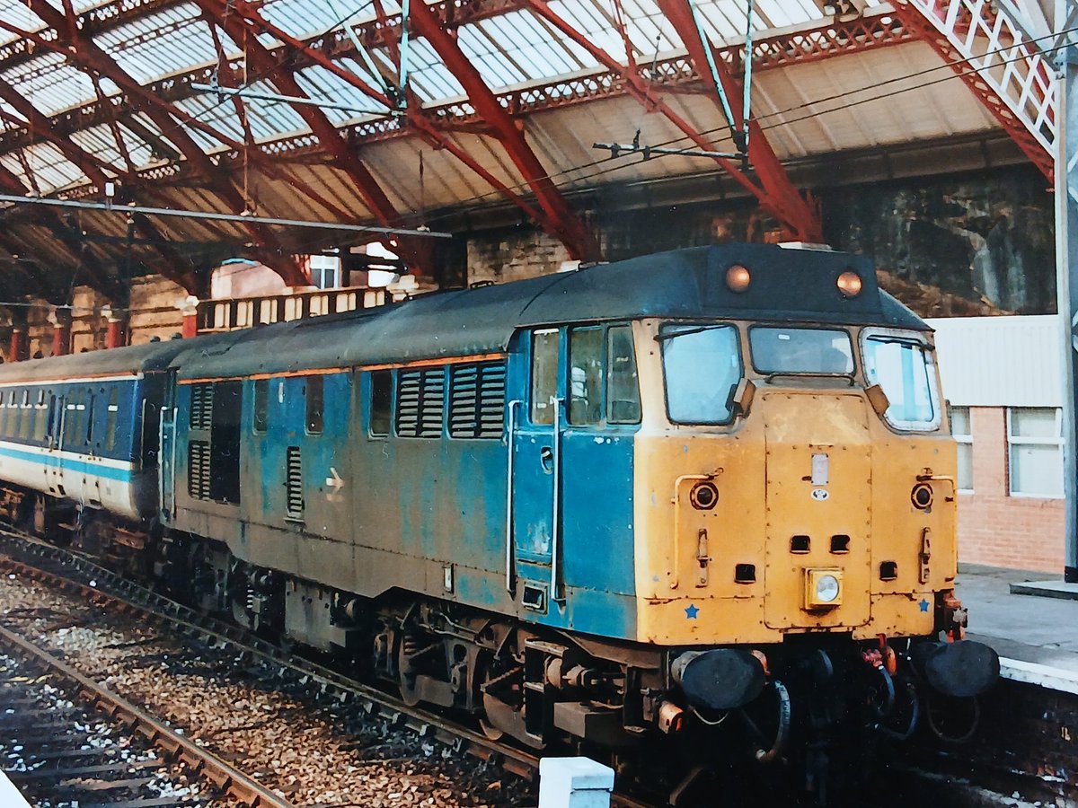 Invermuir's tweet image. Flashback Friday. A well weathered 31432 about to depart on the 15.37 service to Preston. 2/4/94. #tmrguk #class31 #peds