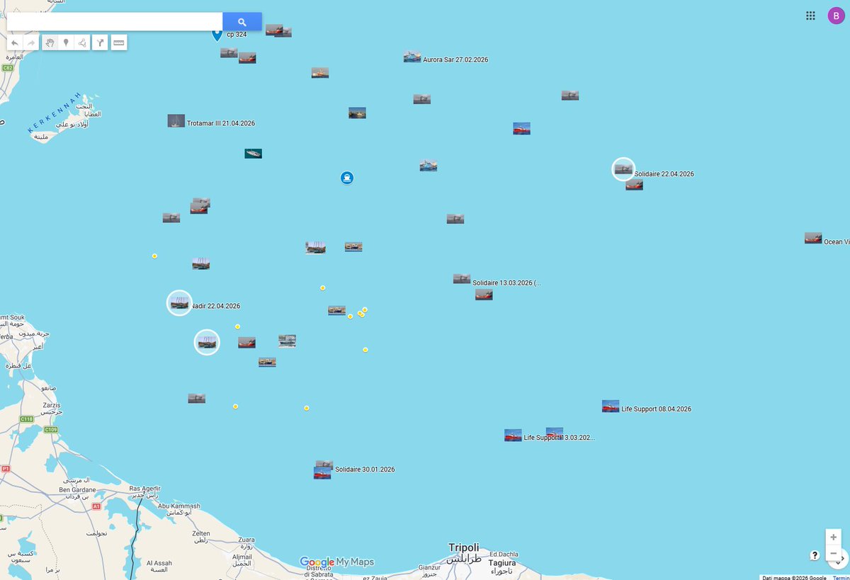 TrafficoNaviOnc's tweet image. 24.04.2026 Aggiornamento mappa recuperi 2026 con gli interventi #Solidaire e #Nadir eseguiti nei giorni scorsi  (cerchiati). i puntini gialli sono piattaforme offshore. Le piattaforme tunisine stanno diventando una stazione di scambio sicura