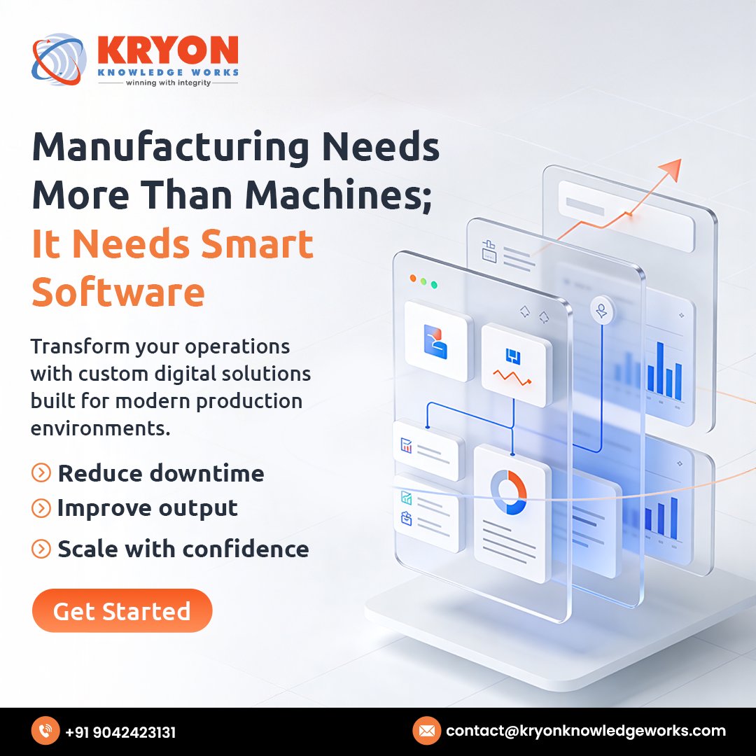 KryonKnwWorks's tweet image. Manufacturers face downtime, low output, and scalability issues.
Kryon Knowledge Works offers tailored digital solutions to reduce delays, improve output, and scale efficiently. 
👉 Get Started Today! 📞 +91 9042423131

#ManufacturingSolutions #SmartManufacturing #ReduceDowntime