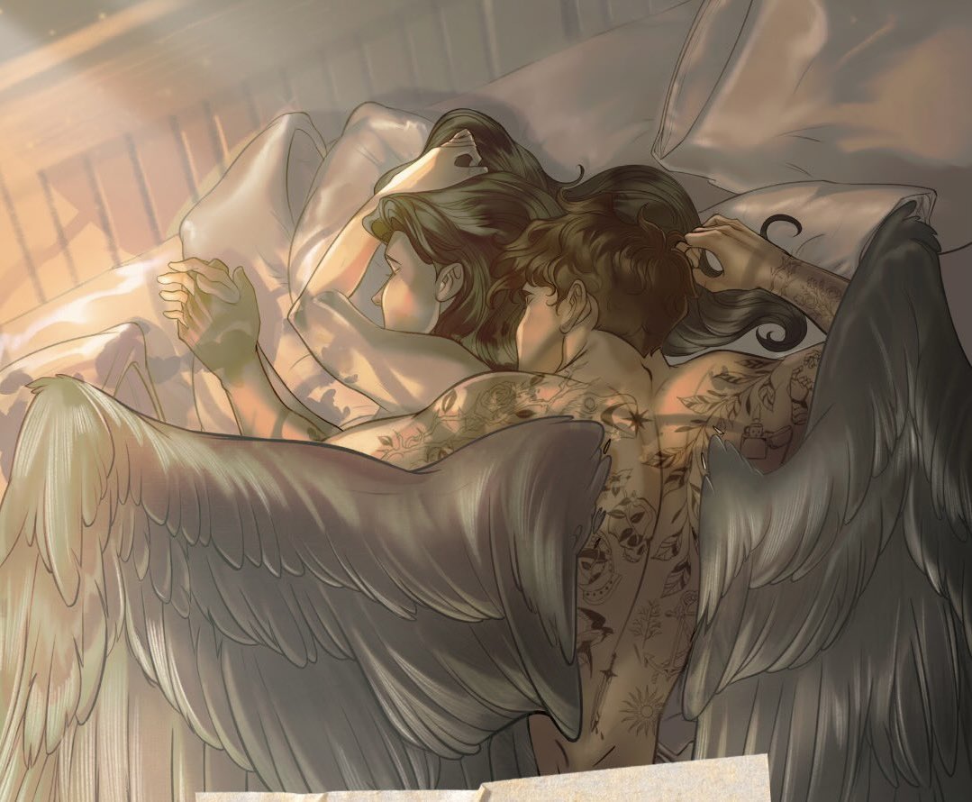 his tattoos, they way they hold hands and he's protecting her with his wings in their sleep🥹 i just need to read them so bad september cant come soon enough!!