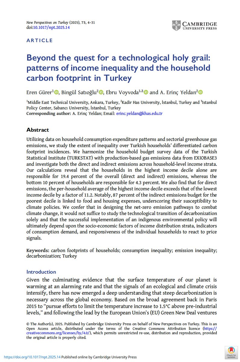 turkey_newpers's tweet photo. As COP 31 Antalya approaches, who actually drives Turkey's carbon emissions? The top 10% of households account for 19.4% of emissions, while 87% of the poorest's footprint comes from food &amp; housing. 

Decarbonization can't ignore inequality. 

Open Access: https://t.co/bmIbW9NvJC https://t.co/4m5QuV2ZHO