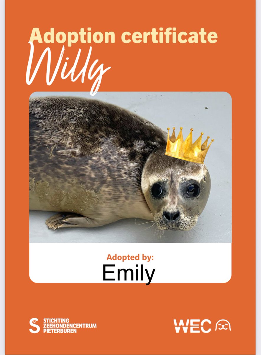 Seallover_Emily's tweet photo. 拡散希望：2026年版オランダ
アザラシ幼稚園で象徴的養子縁組のやり方解説

今回は養子縁組をWilly(元Cupid)というアザラシとします。
今ならKing’s Day(オランダ国王の誕生日)仕様の限定デザインの証明書がもらえました！

1.まずZeehondencentrumの公式ページに行く(この投稿と別にリンク貼ります)
2.必要なら日本語が英語に自動翻訳する
3.リストから養子縁組したいアザラシを選ぶ
4.養子縁組に追加したい寄付を選んで「Next Step」をクリック
5. 姓、名、メールアドレスの個人情報を入れる(詳しくは画像参照)
6. ニュースレターが欲しい場合は✔︎を入れる。
7. 支払い方法を選ぶ。
8. 日本からだとクレジットカードとPayPalが使えます。IDEAL はオランダ国内から銀行送金する場合使われます。
9. 全て選択し、1番下のボタン’versturen送信する’を押す。

支払いが完了すると登録したメールアドレスに承認メッセージが届きます。
証明書も添付されているのでこれで完了です！
肝心の養子縁組用のリンクは次の投稿で載せます。
慣れたらこれも難しくないのでお気に入りの子と家族になってみませんか？

#アザラシ幼稚園