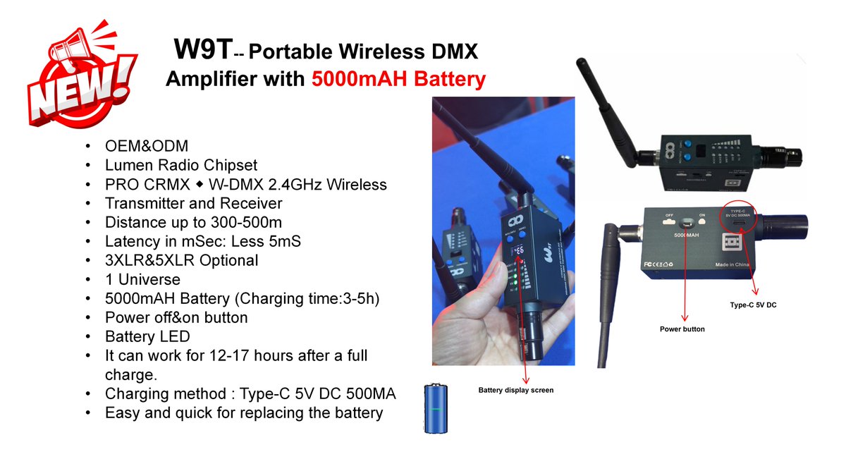 ZengLiza's tweet image. Wireless DMX amplifier with battery
OEM&amp;amp;ODM
Lumen Radio Chipset
PRO CRMX◆W-DMX 2.4GHz
TX&amp;amp;RX
Distance 300-500m
Latency in mSec: Less 5mS
3XLR&amp;amp;5XLR Optional
1 Universe
5000mAH Battery (Charging time:3-5h)
Power  button
Battery LED
Charging method : Type-C 5V DC 500MA
#Wireless
