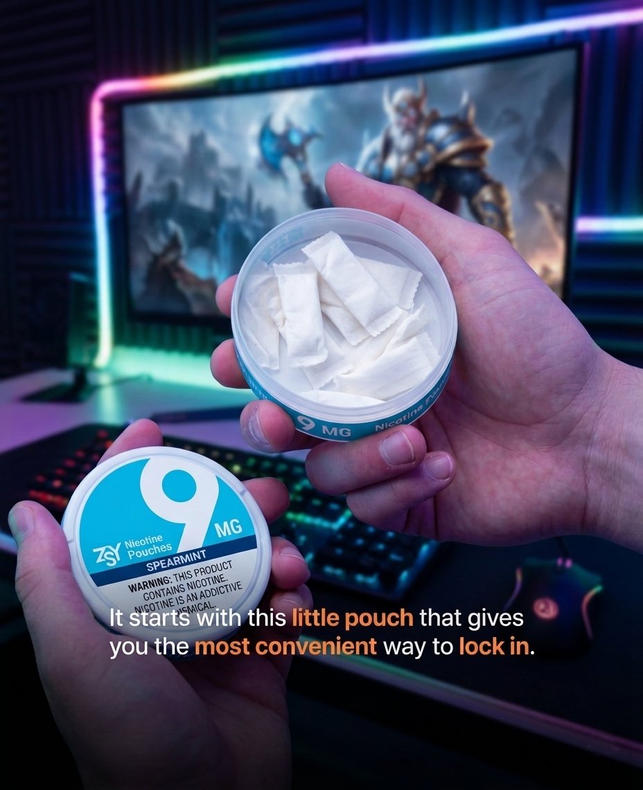 ZSYSNUS's tweet image. A subtle boost for your setup. 9mg of Spearmint focus to keep you locked in. Game on. 🎧🎮

#zsypouch #nicotinepouches #gamingsetup #esports #lockin #pcgaming #focus #smokefree