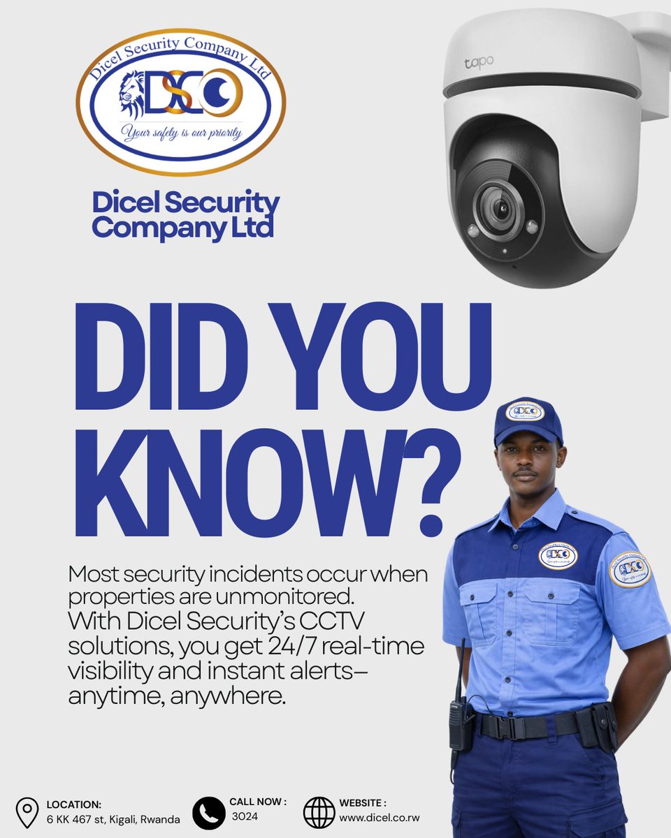 DicelSCompany's tweet photo. 🔒 Did you know? Most security incidents happen when properties are left unmonitored. With Dicel Security Company Ltd, you get 24/7 CCTV monitoring, real-time visibility, and instant alerts—so you stay informed anytime, anywhere. Your safety is our priority. 📍Visit us at https://t.co/tuxGA0YwGs or call 3024. #DicelSecurity #CCTVSolutions #Security24_7 #YourSafetyOurPriority