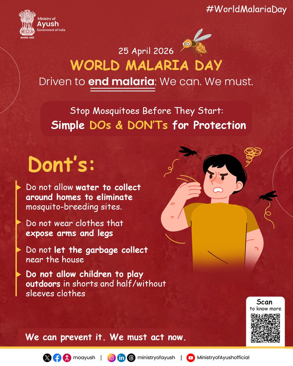 moayush's tweet image. This summer, don’t let stagnant water and small habits turn into big risks. From clearing containers to choosing the right protection, every small step matters. Protect your home. Protect your family.

#WorldMalariaDay #Ayushforall #Wellness #PublicHealth #TraditionalMedicine