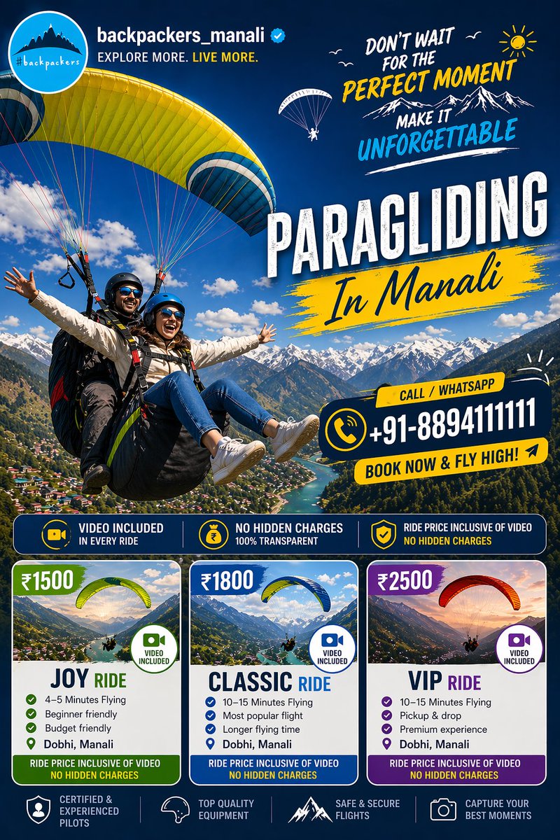 Manalibackpack's tweet photo. Fly in Manali starting at ₹1500 🪂
✔ Video included
✔ No hidden charges
✔ Certified pilots

📞 +91-8894111111
🌐 https://t.co/rnYKoMIhL4

#Manali #Paragliding #AdventureTravel #Himachal https://t.co/Xe33Bnad31