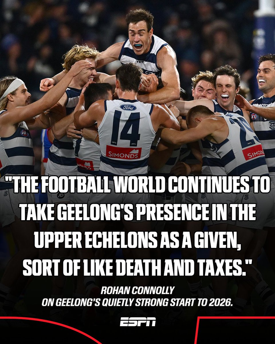 ESPNAusNZ's tweet photo. The footy world has been taken by the Demons and has been praising North and the Suns this year like shiny new toys.

But, @rohan_connolly writes, don’t be surprised if the September perennials slip under the radar when the whips start cracking.

READ 📝: https://t.co/j6P2uxCJII https://t.co/StmwpLJReg