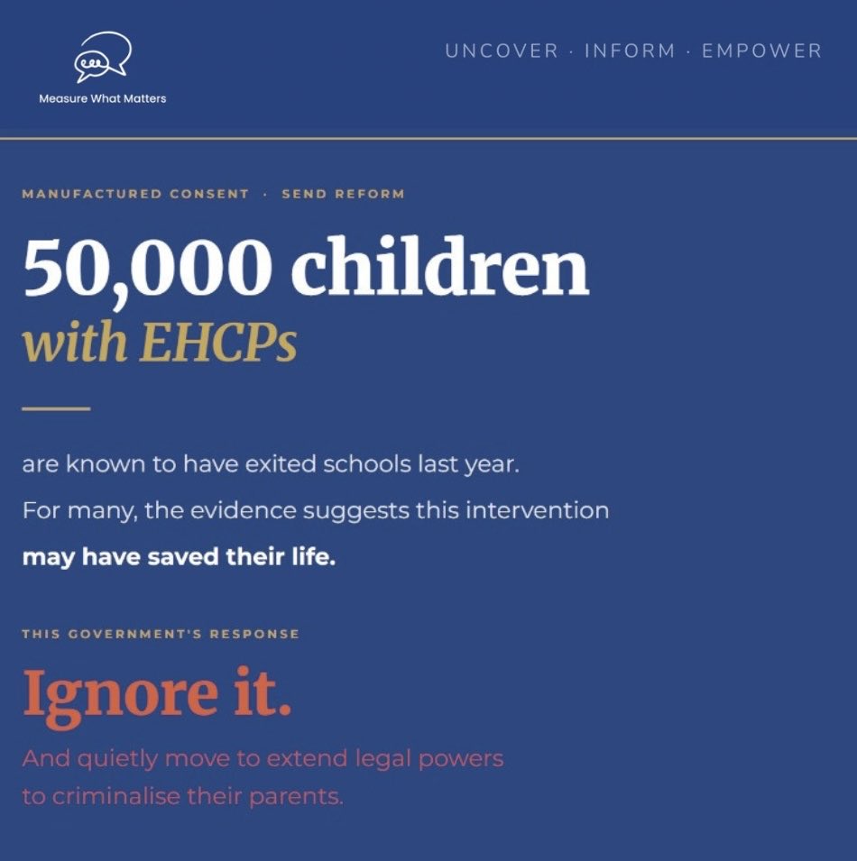 civicwatchblog's tweet photo. Last year’s data shows 50,000 children with EHCPs are now known to have exited schools.

For many, the evidence suggests that intervention may have saved their life.

This government’s response:
Ignore it. And quietly move to extend legal powers to criminalise their parents. 

🧵 https://t.co/7Il06Bl2Qn