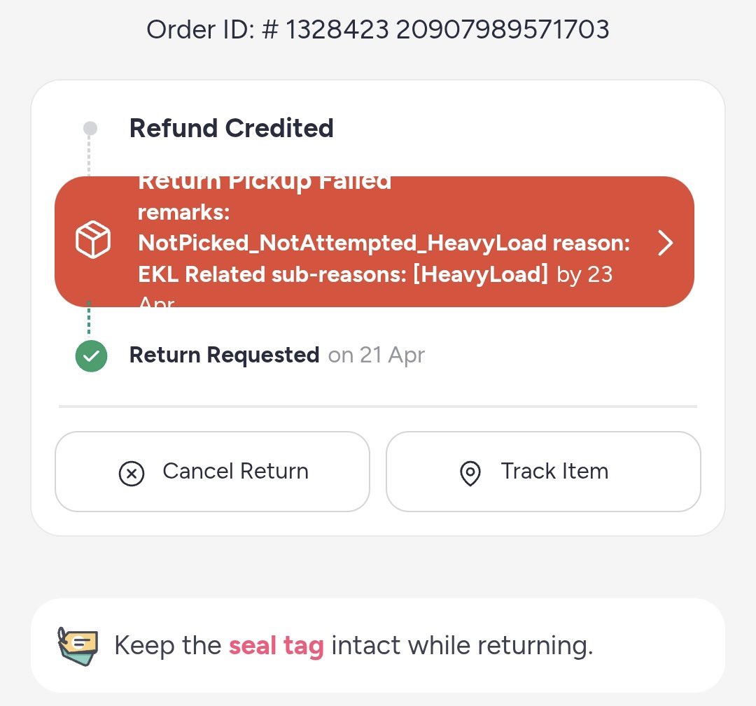 Ecstatic_Rohit's tweet photo. Pathetic from @MyntraSupport 
Return pickup cancelled for 3 consecutive days.. Simply @myntra is rescheduling the pickup to next day and then cancelling it after showing it “Out for Pickup”
22nd, 23rd, 24th April.. 3days pickup got rescheduled… How many more days should I wait? https://t.co/N3Vh4ZkvEL