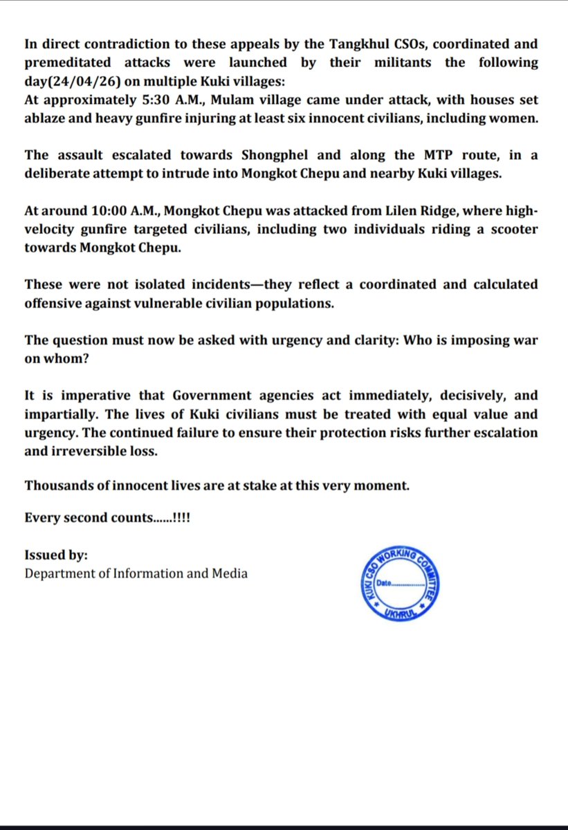 Today, 23 April 2026, the Kuki village of Mullam in Ukhrul came under heavy attack from NSCN-IM-led Tangkhul insurgents. The Tangkhuls, who escalated the Litan incident out of proportion after the new Khemchand government was installed, have now opened a new front for war,