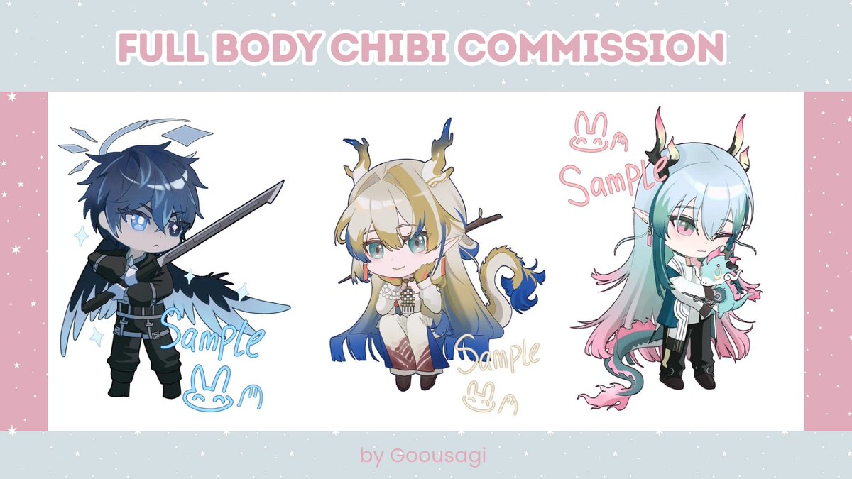 [Rt and likes are very appreciated!]

Haloo! aku lagi buka 6 slot untuk full body chibi commission, pricelist untuk lokal ada di thread, Yang tertarik boleh DM aku yaw 😺👍
ToS : vgen.co/goousagi 

#zonakaryaid #artidn #VGenComm #artcommission